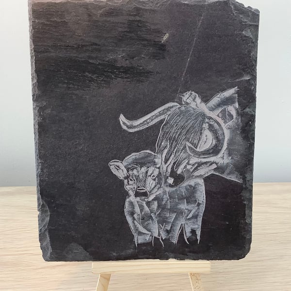 Cow with Calf - original art hand carved on recycled slate