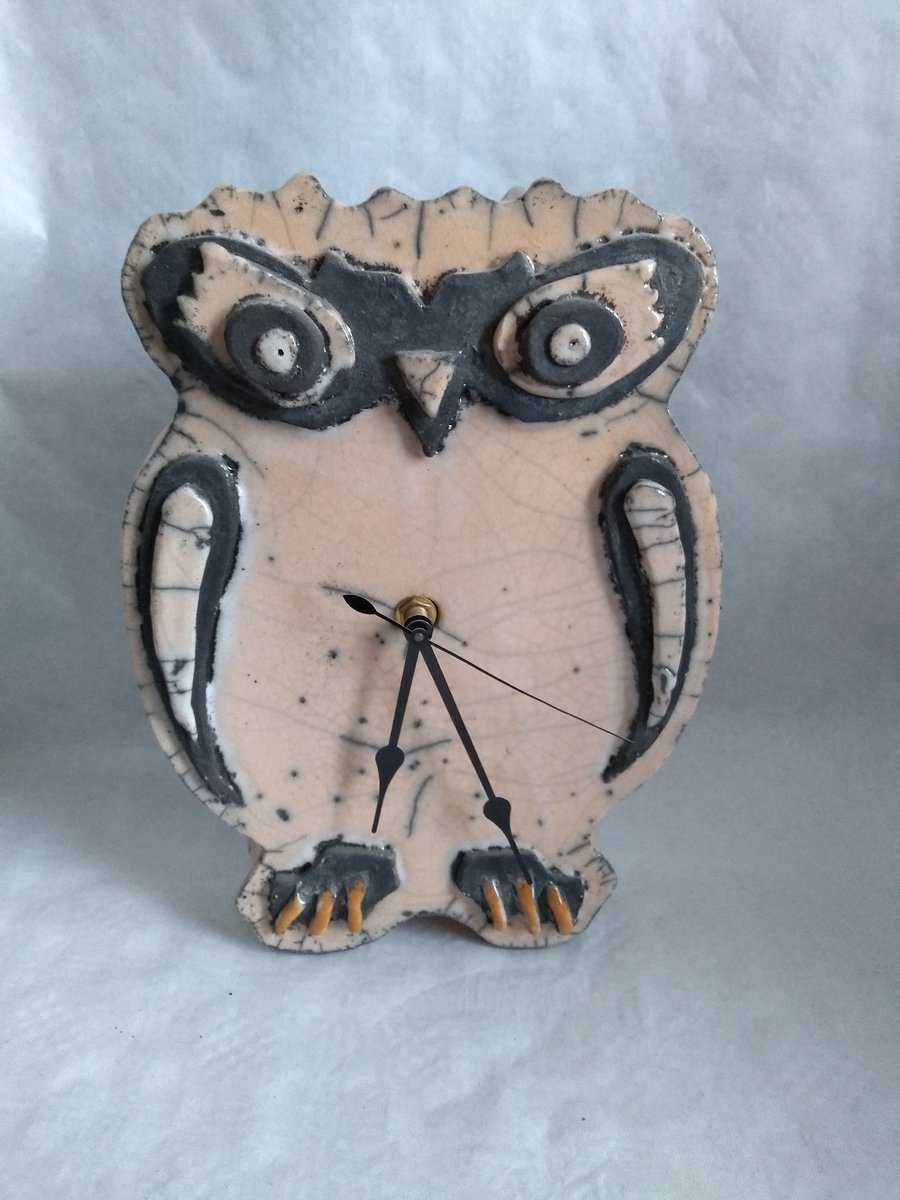 POTTERY RAKU OWL CLOCK  28 CMS HIGH X 20 CMS WIDE X 4.5 CMS DEEP