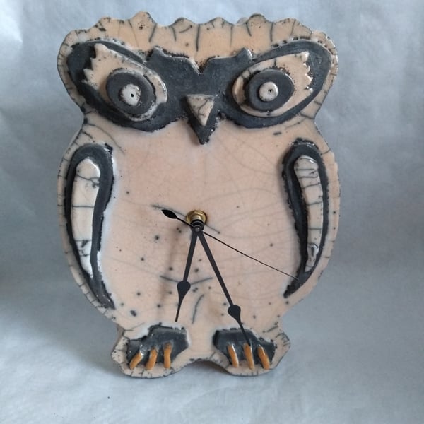 POTTERY RAKU OWL CLOCK  28 CMS HIGH X 20 CMS WIDE X 4.5 CMS DEEP