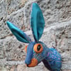 Faux hare head in blue and orange paisley velvet by Crafted Creatures