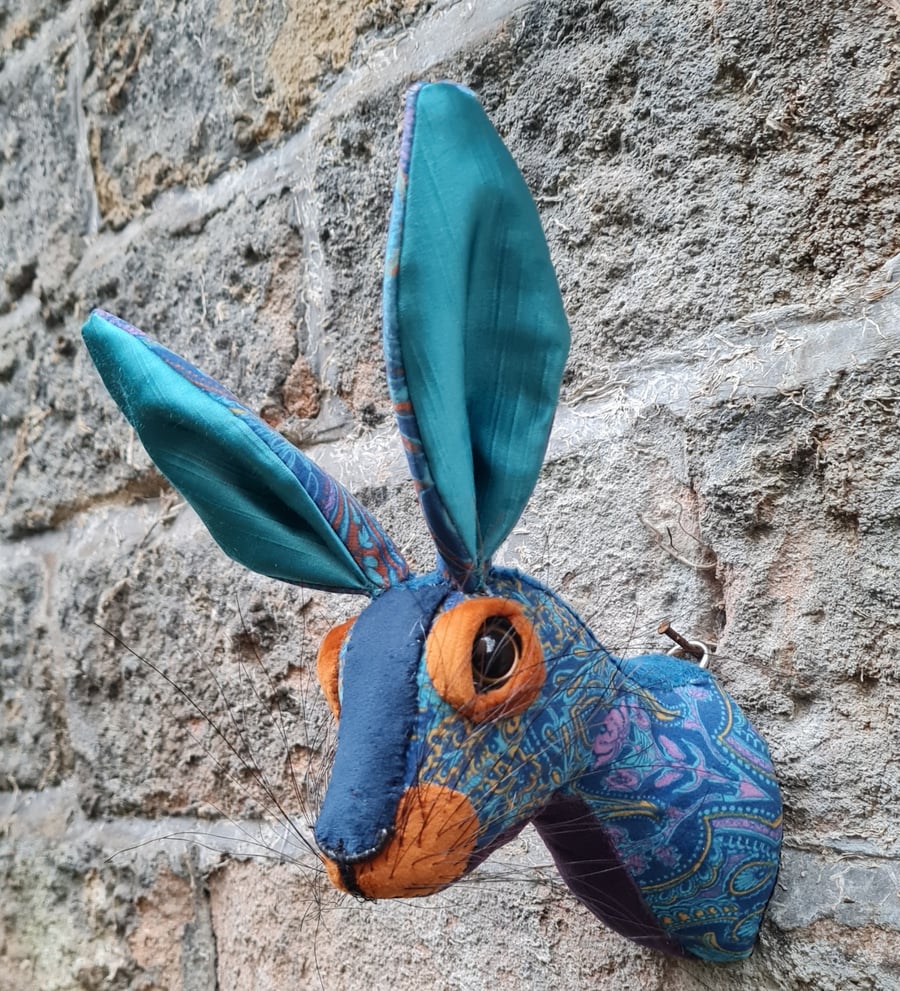 Faux hare head in blue and orange paisley velvet by Crafted Creatures