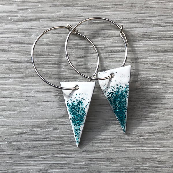 White & Turquoise Glitter Enamel Triangle on Sterling Silver hoop earrings