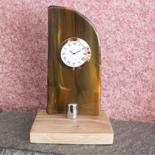Fused Glass Clock - Brown with Gold Coloured Bezel