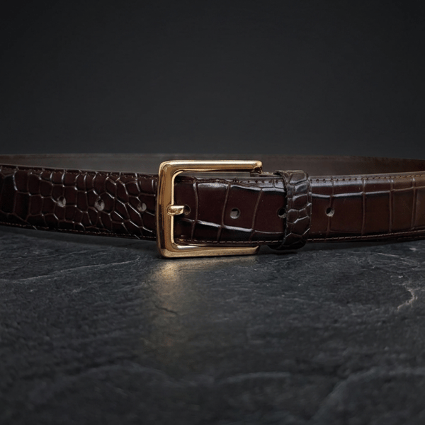 Dark Brown Full Grain Crocodile Embossed Belt Gold-Tone Buckle Mens Belt 38mm
