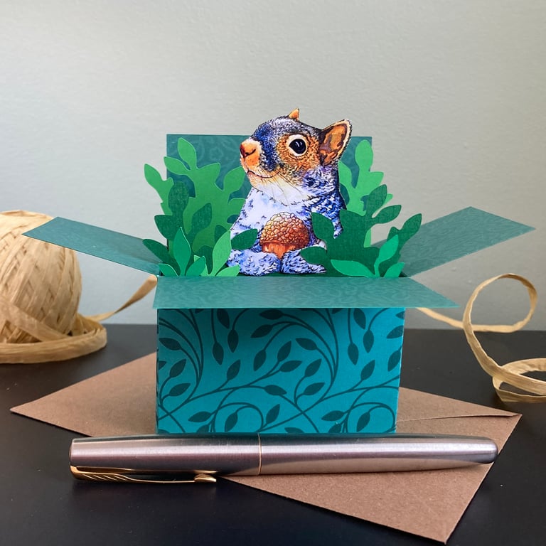 Squirrel Card. Personalised or Blank Squirrel Box Card, 3D Gift card holder.