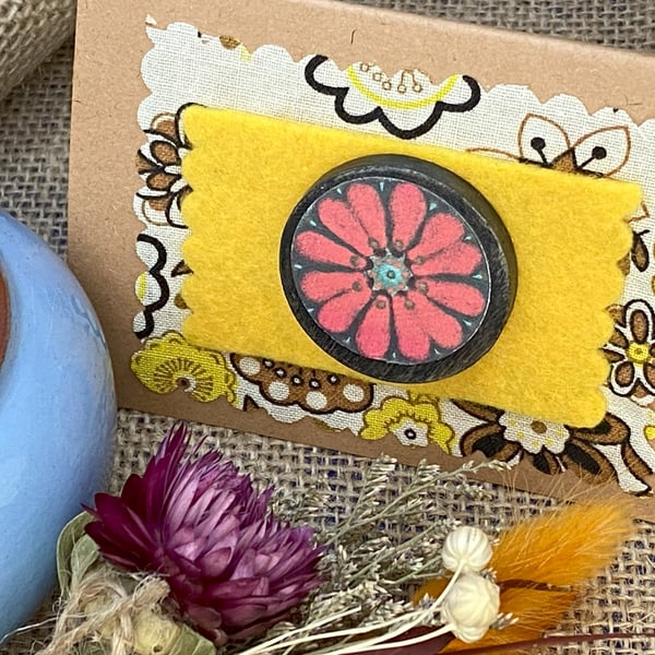 Bright Red flower wooden pin brooch 