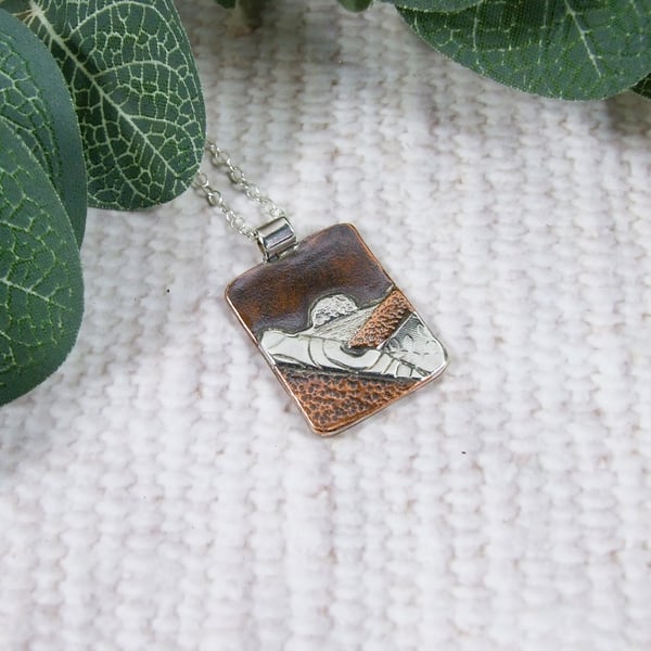 Setting Sun Necklace. Sterling Silver and Copper Seascape Pendant