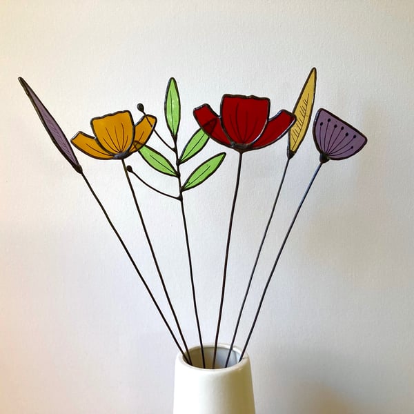Forever Eternal Wild Flowers on stems - Handmade Stained Glass Flowers