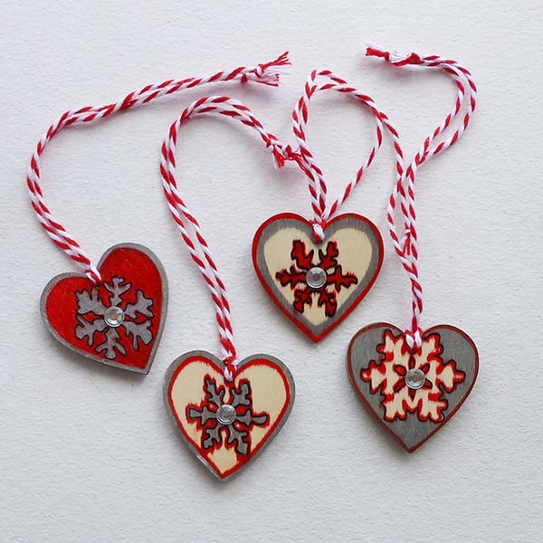 Hanging decorations, hearts, snowflakes, Christmas, red & silver