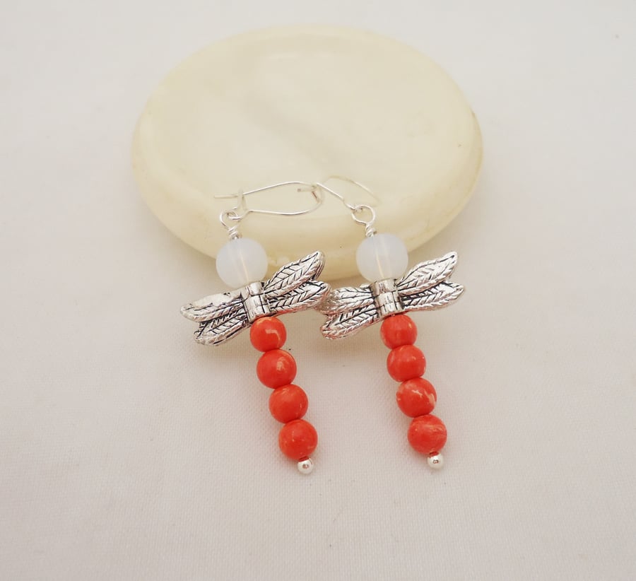 Coral and Opolite Dragonfly Earrings, Dragonfly Earrings, Sterling Silver