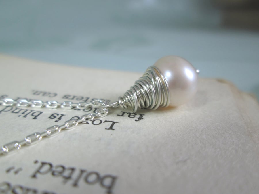 Pearl Necklace - Silver Jewellery, Bridal, Pearl Pendant, Wedding, Gift