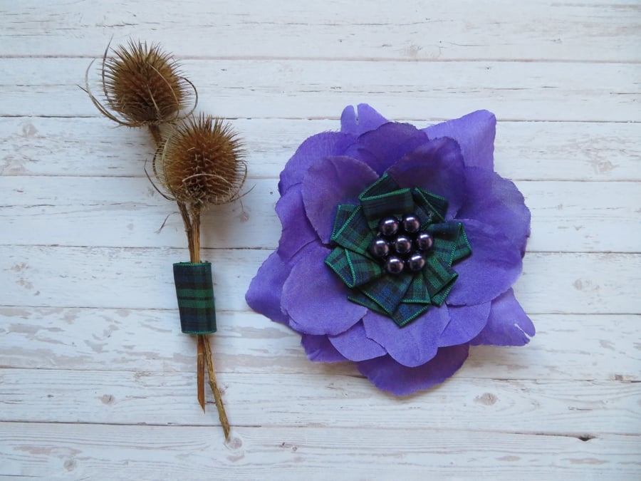 Purple Rose Black Watch Tartan Plaid Flower Brooch Corsage Wedding Gift 