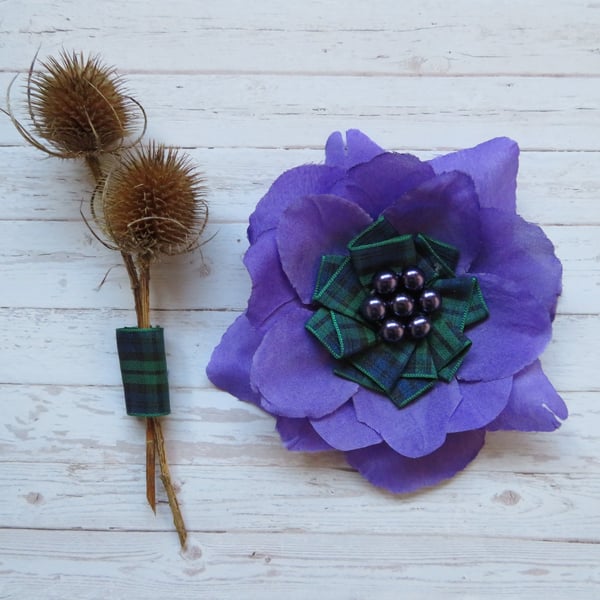 Purple Rose Black Watch Tartan Plaid Flower Brooch Corsage Wedding Gift 