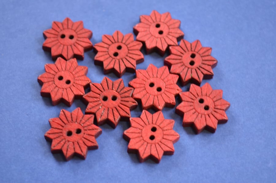 Colourful Wooden Star Flower Buttons Red 10pk Flowers 20x20mm (STF10)