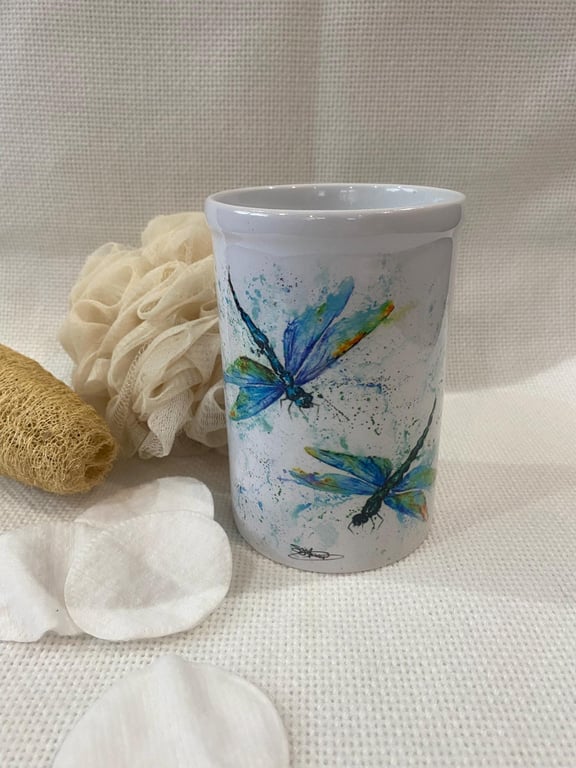 Ceramic Dragonflies Vase, Toothbrush Holder, Pen Caddy. By Watercolour Artist Sa