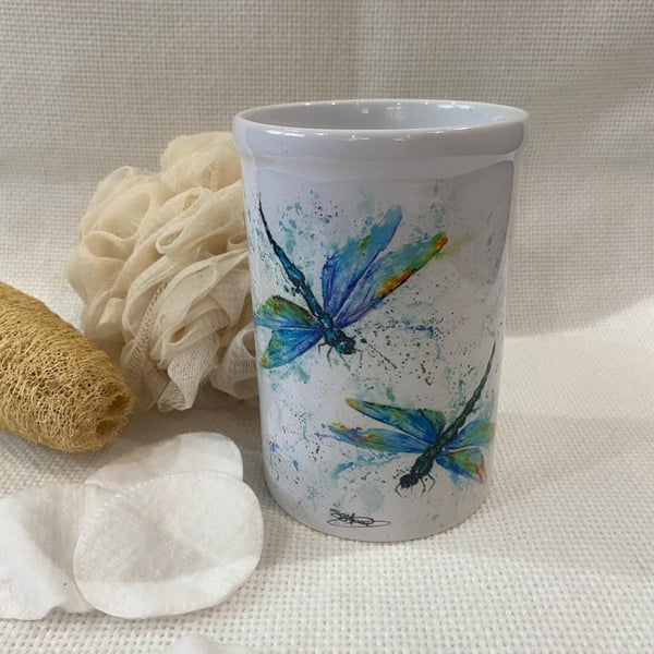 Ceramic Dragonflies Vase, Toothbrush Holder, Pen Caddy. By Watercolour Artist Sa