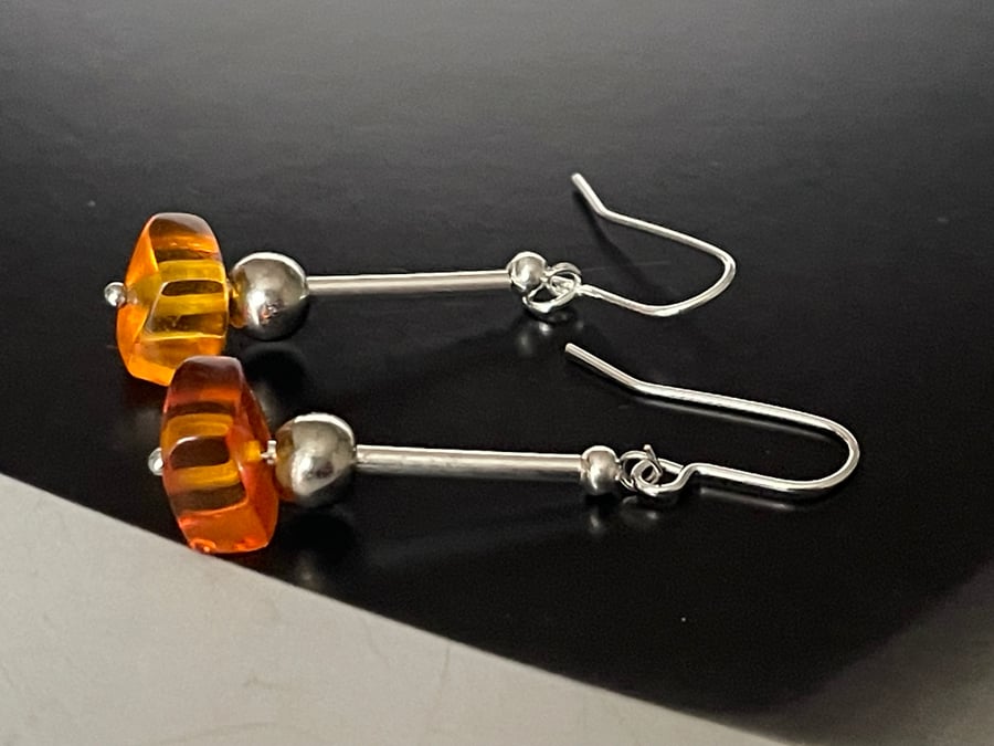 Organic Baltic honey colour amber hematite gemstones dangling earrings