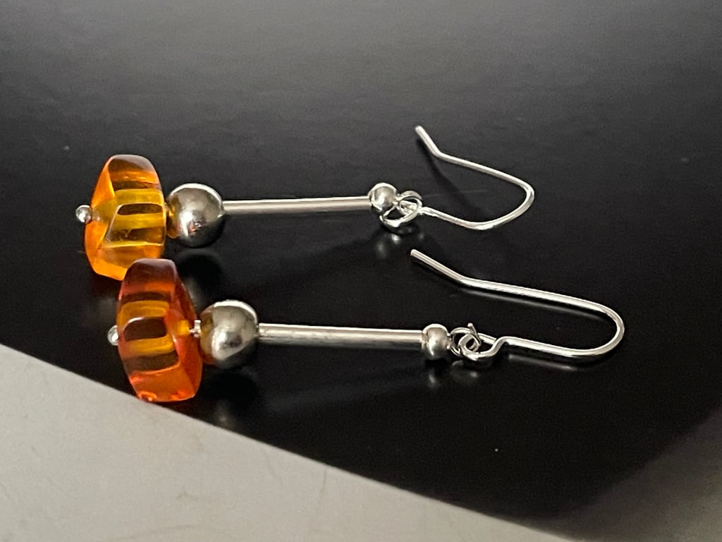 Organic Baltic honey colour amber hematite gemstones dangling earrings