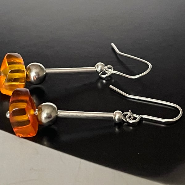 Organic Baltic honey colour amber hematite gemstones dangling earrings