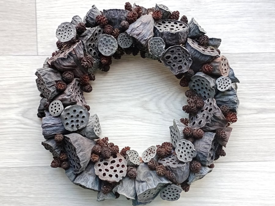 Dried Wreath from Lotus Flower Seed Pods, Alder Cones - J