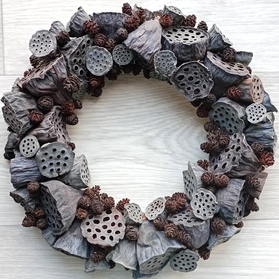 Dried Wreath from Lotus Flower Seed Pods, Alder Cones - J