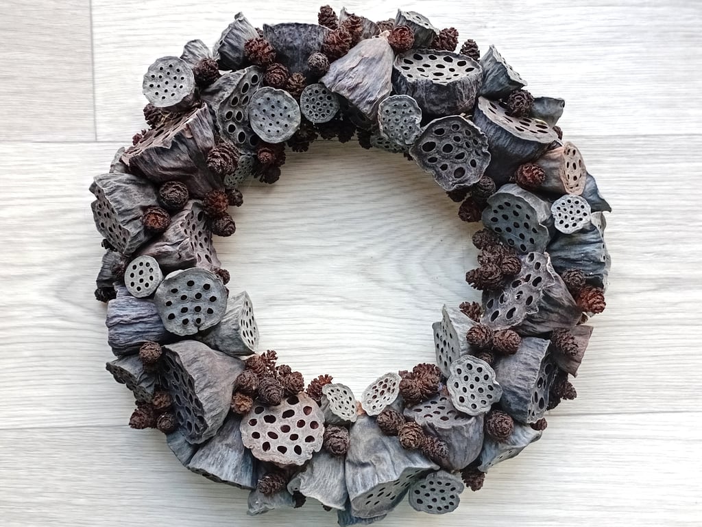 Dried Wreath from Lotus Flower Seed Pods, Alder Cones - J