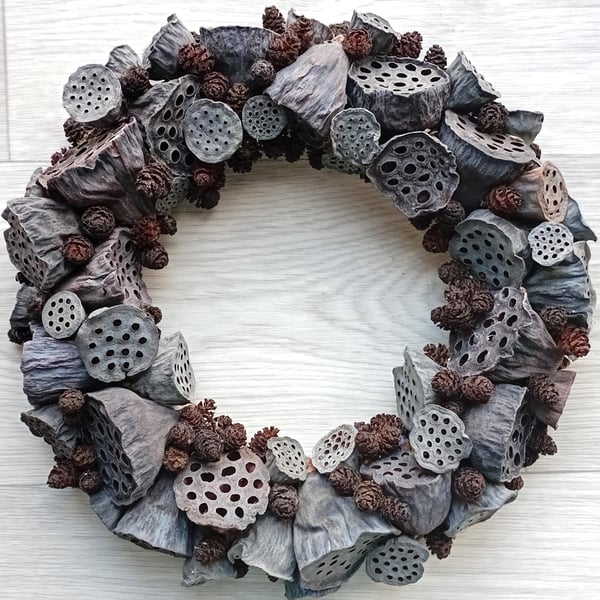 Dried Wreath from Lotus Flower Seed Pods, Alder Cones - J