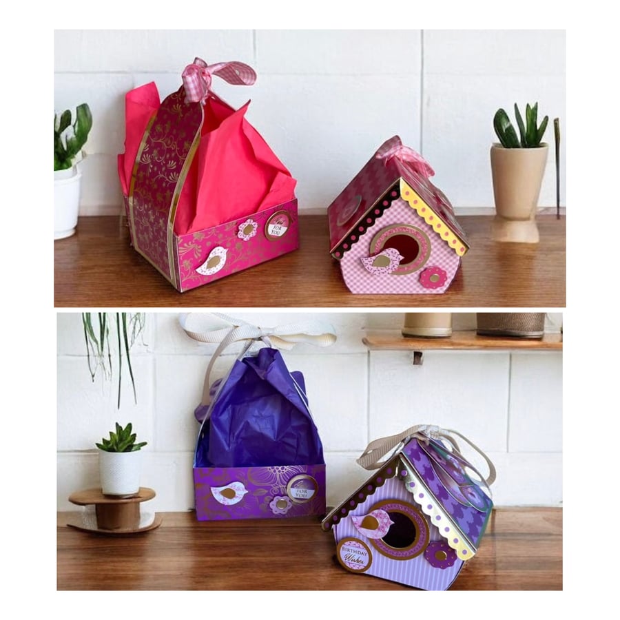 3D Birthday Bird House Box Card in Purple