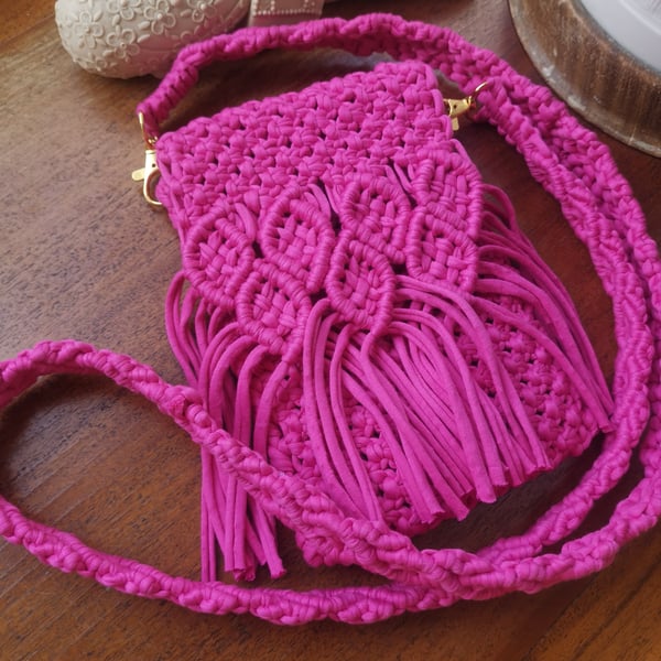 Phone Bag, Macrame Handbag - Fuchsia Pink FREE UK P&P