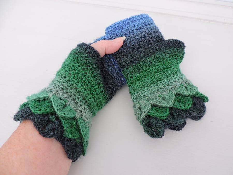Fingerless Dragon Scale Cuffs Mitts  Green and Blue