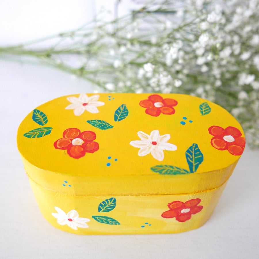 Yellow Jewellery Box, Floral Trinket Storage, Gift for Girls