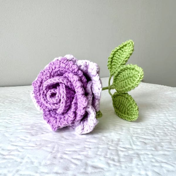 Crochet purple rose with 3 leaves 
