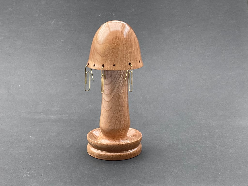 Wood turned toadstool earring holder in elm wood