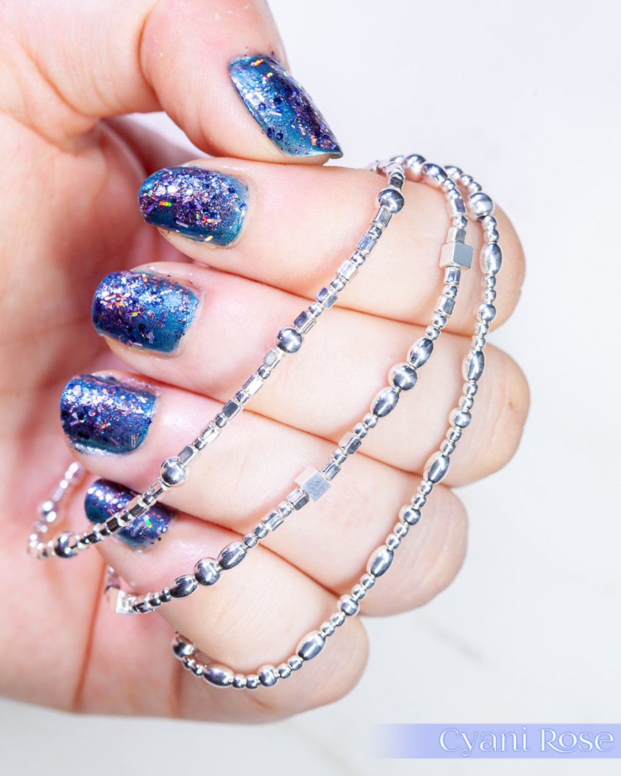 Dainty Sterling Silver multi bead stacking bracelet stretchy 