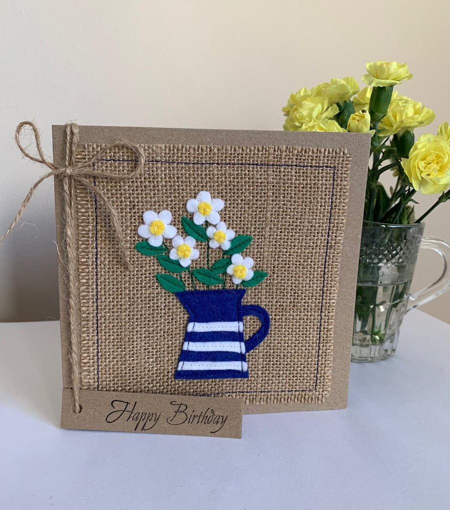 Birthday Card. Blue and white jug with white flowers. Felt. Handmade. 
