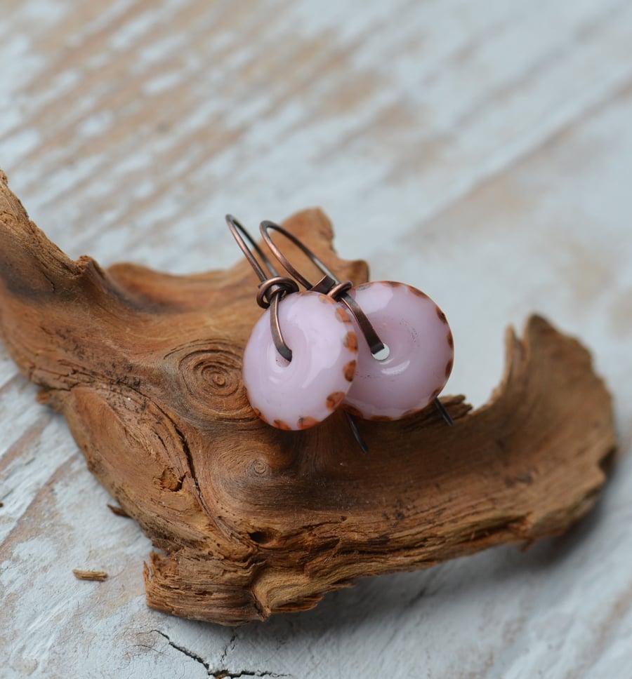 Handmade Copper and Pink Lampwork Glass Bead Earrings