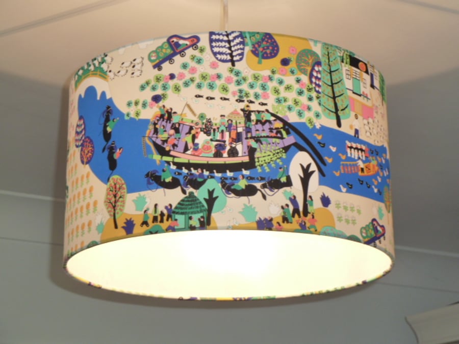 Chinese Around the River Lampshade. Drum 40cm x 23cm. Water buffalo and friends