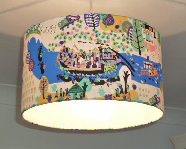 Chinese Around the River Lampshade. Drum 40cm x 23cm. Water buffalo and friends
