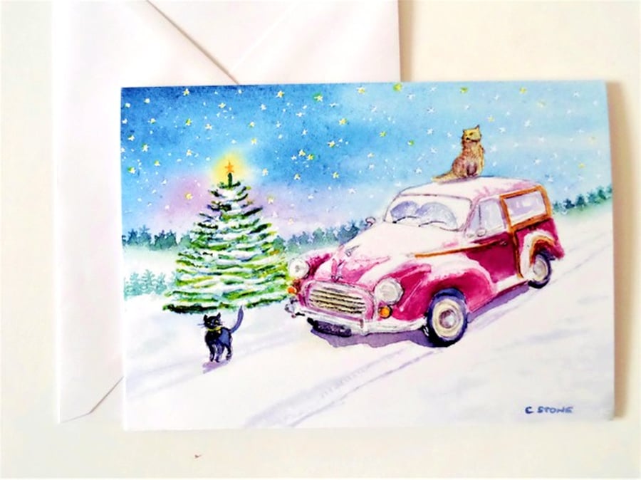  Moggy Christmas card, Morris Moggy Minor car and cats from original watercolour
