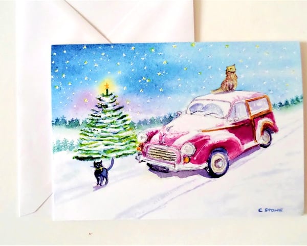  Moggy Christmas card, Morris Moggy Minor car and cats from original watercolour