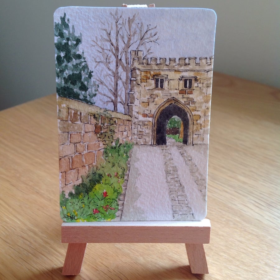 ACEO Original watercolour 'Whalley Abbey Gatehouse'