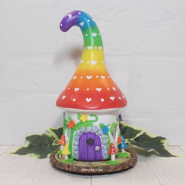 Rainbow clay toadstool fairy house, battery tealight sculpture. Fairy house. 