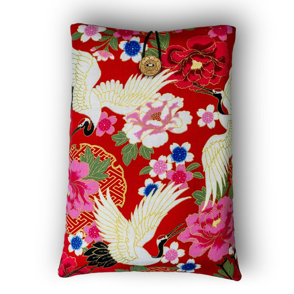Crane & Peony Book Sleeve – Japanese Cotton Book Protector with Coconut Button