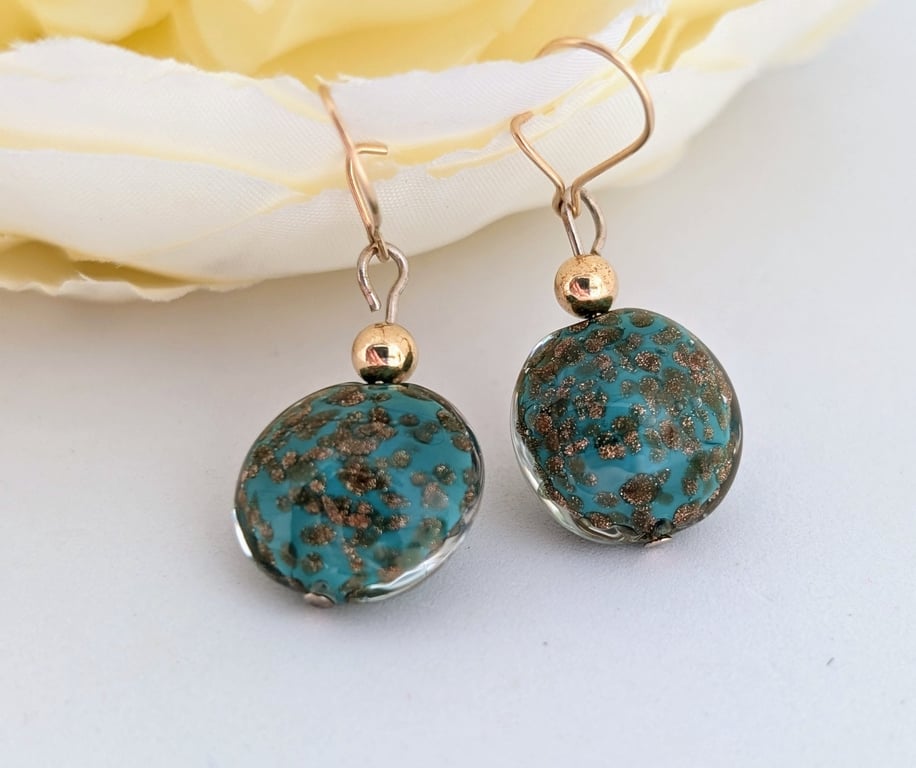 Light Teal Aventurine Murano Glass Earrings: Gold Filled Beads and Earwires