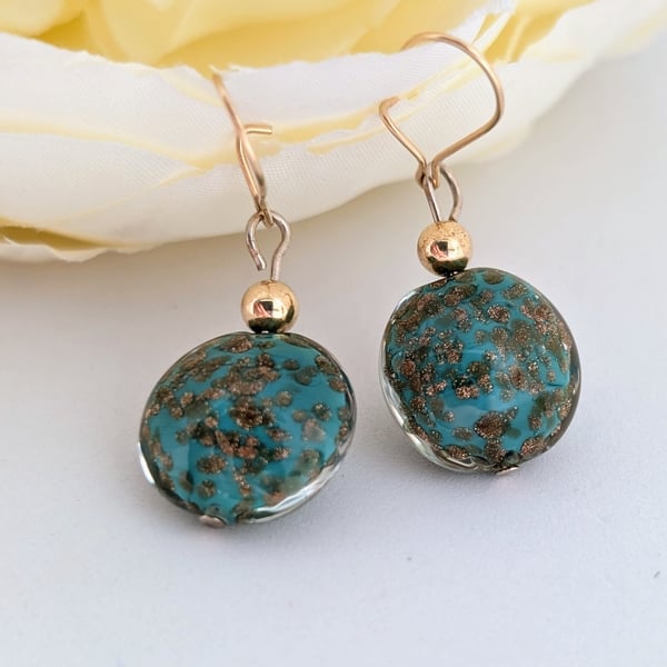Light Teal Aventurine Murano Glass Earrings: Gold Filled Beads and Earwires