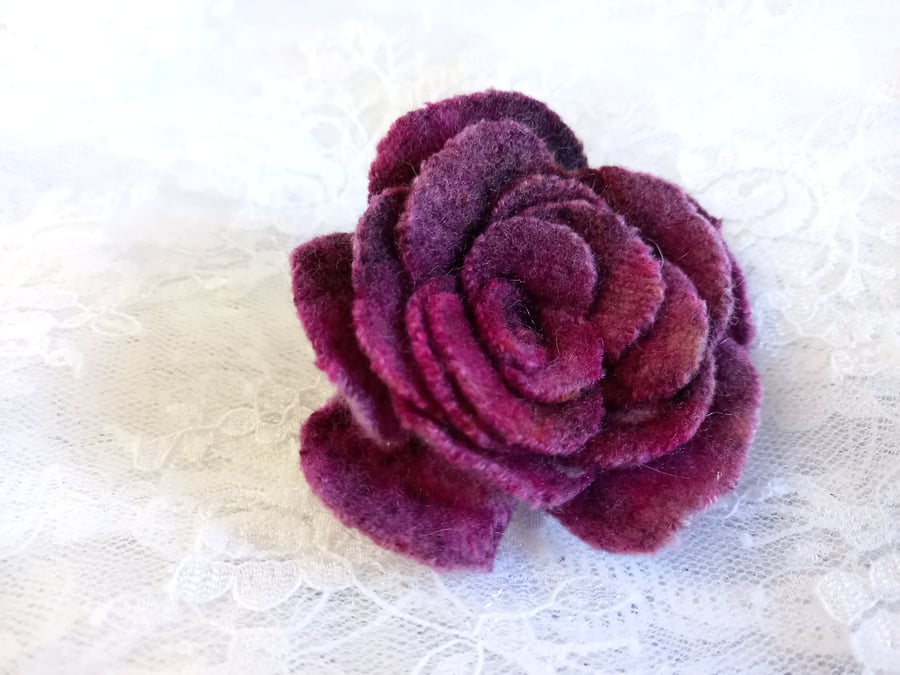Medium Hand dyed brooch, upcycled red purple rose or flower pin