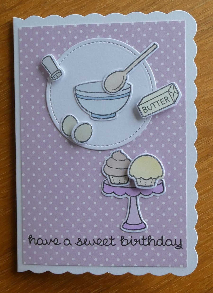 Have a Sweet Birthday Card - Blue Mixing Bowl & Cup Cakes