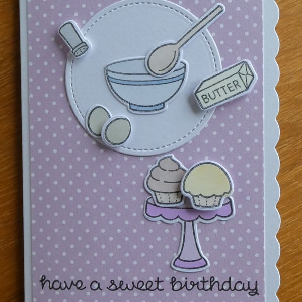Have a Sweet Birthday Card - Blue Mixing Bowl & Cup Cakes