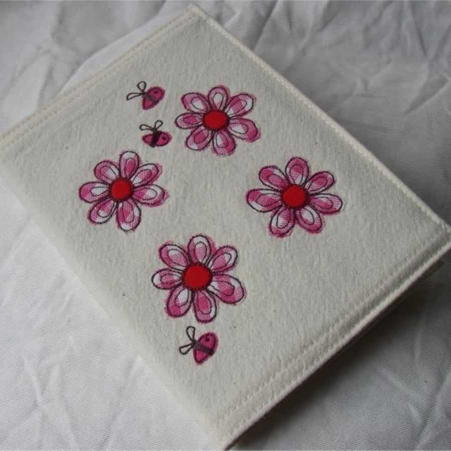 embroidered pink flowers fabric notebook cover A6   