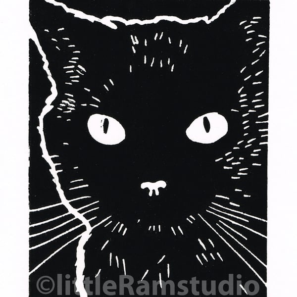 Cat print - Black Cat - Original Hand Pulled Linocut Print